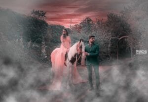 Couple posing with a horse during a cinematic pre-wedding photoshoot