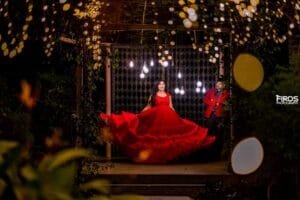 Couple photographed with fairy lights during a night photoshoot