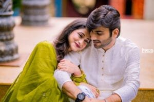 Candid close-up of a couple in traditional outfits
