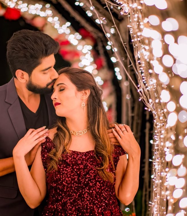 Romantic couple portrait during a resort pre-wedding photoshoot in Bangalore